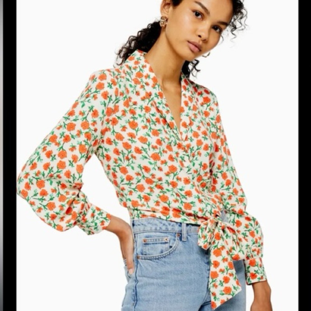 TopShop Orange & Cream Floral Print Tie Up Long Sleeve Button Down Blouse Sz 2